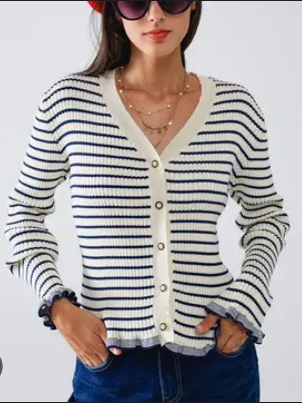 Sweewe Striped V-Neck Button Front Cardigan Sweater - White & Navy Pear Buttons